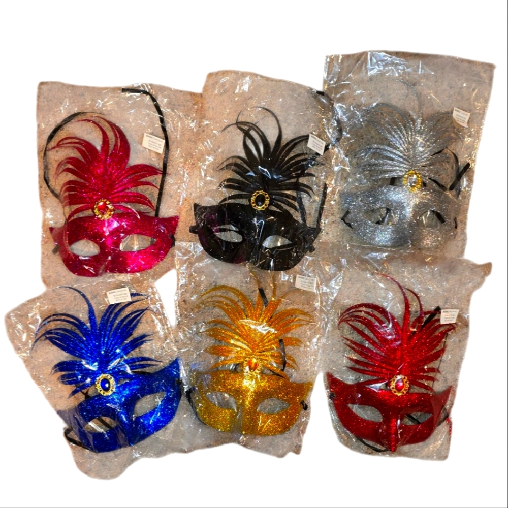 Colorful Feathered Masquerade Masks-Set Of 6